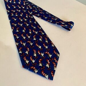 Vintage Dr. Seuss Necktie Mens Blue Cat in the Hat Silk 1996 90s Teacher Reading